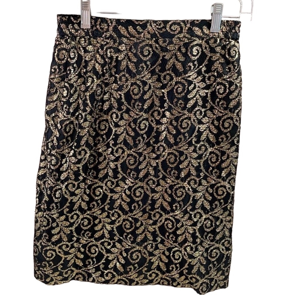 Exit Shops Ladies Evening Pencil Lace Skirt Mini, Size Small, Black & Gold, Vtg